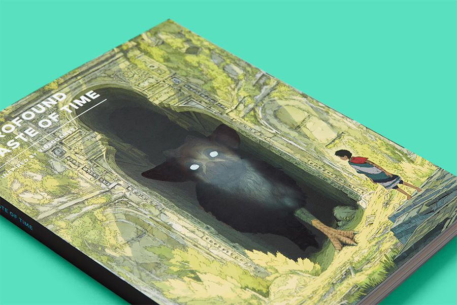 magazine cover: large mythical creature in a stone doorway alongside a young person.