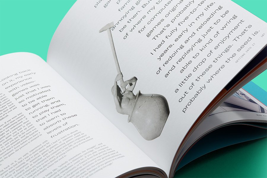 magazine spread: figure in ceramic pot alongside text.