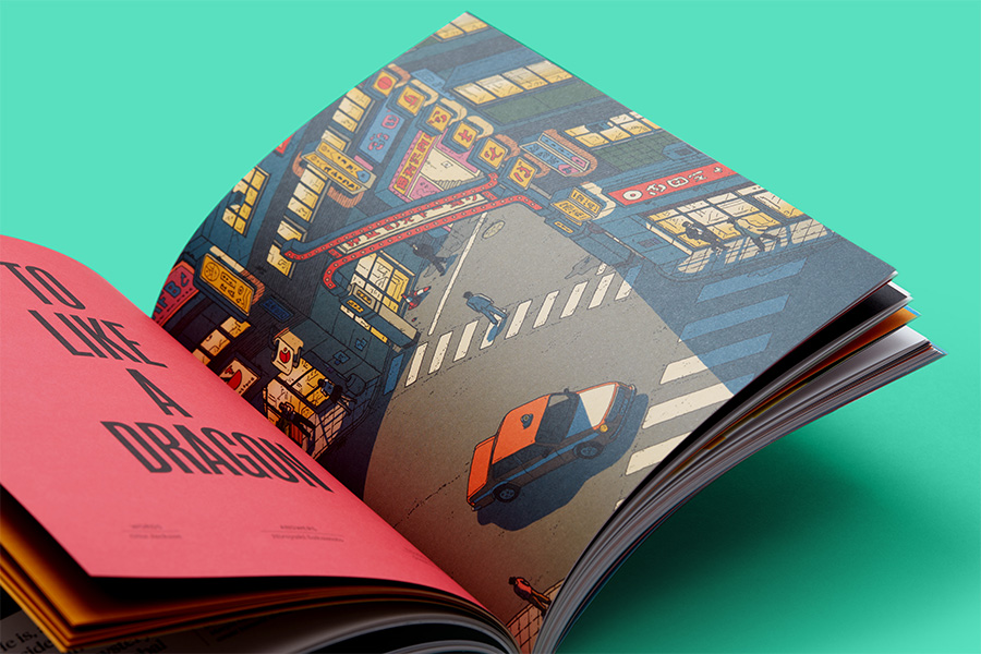 magazine spread: text, To like a dragon alongside a dark city street scene.