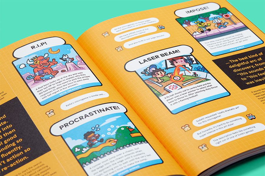 magazine spread: graphic cartoon panels with the text: RIP, Procrastinate, Laser Beam, Impose.