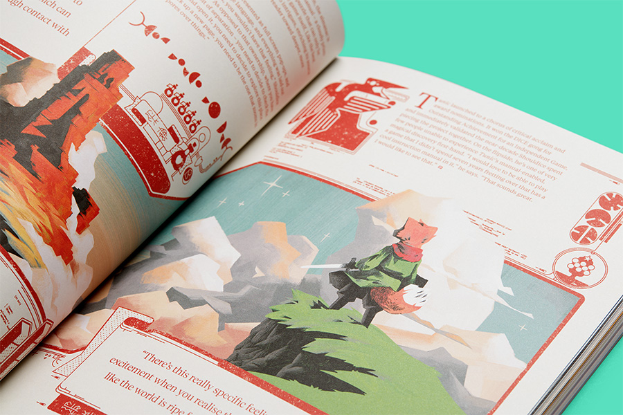 magazine spread: an illustrated fox in clothing with a sword.