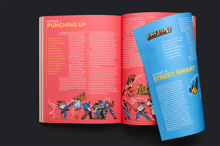 magazine spread: red and blue gatefold with text: Stage 1 Punching Up, Stage 3 Street Smart
