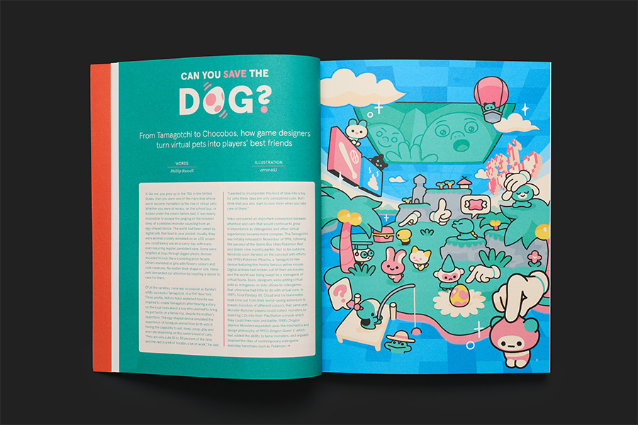 magazine spread: text: can you save the dog?, and a collection of colourful cartoon creatures