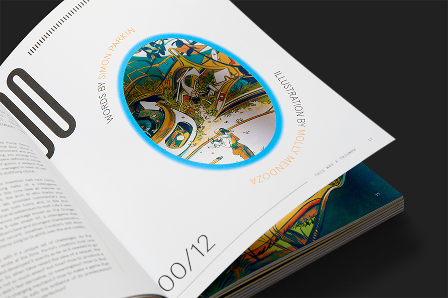 magazine spread: oval framed illustration 