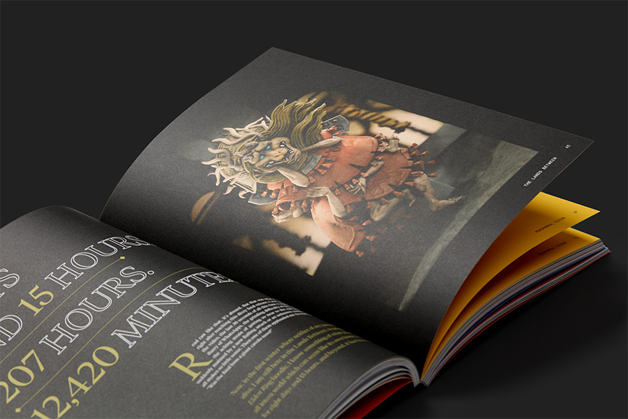 magazine spread: reptilian video game character