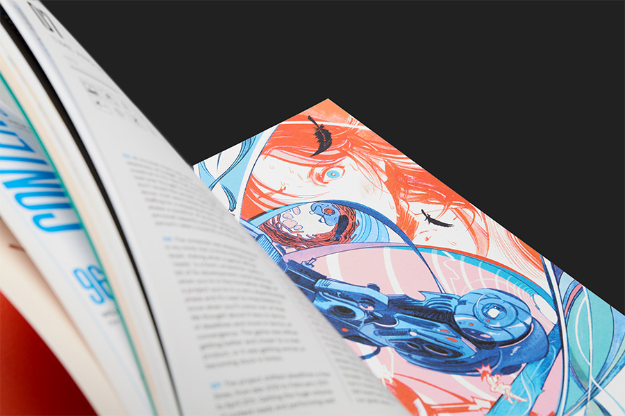 magazine spread: red, white and blue squirling graphics