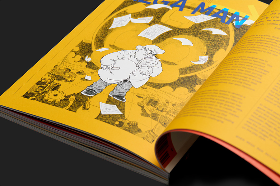 magazine spread: Mega Man text and a cartoon angry older man with beard and papers